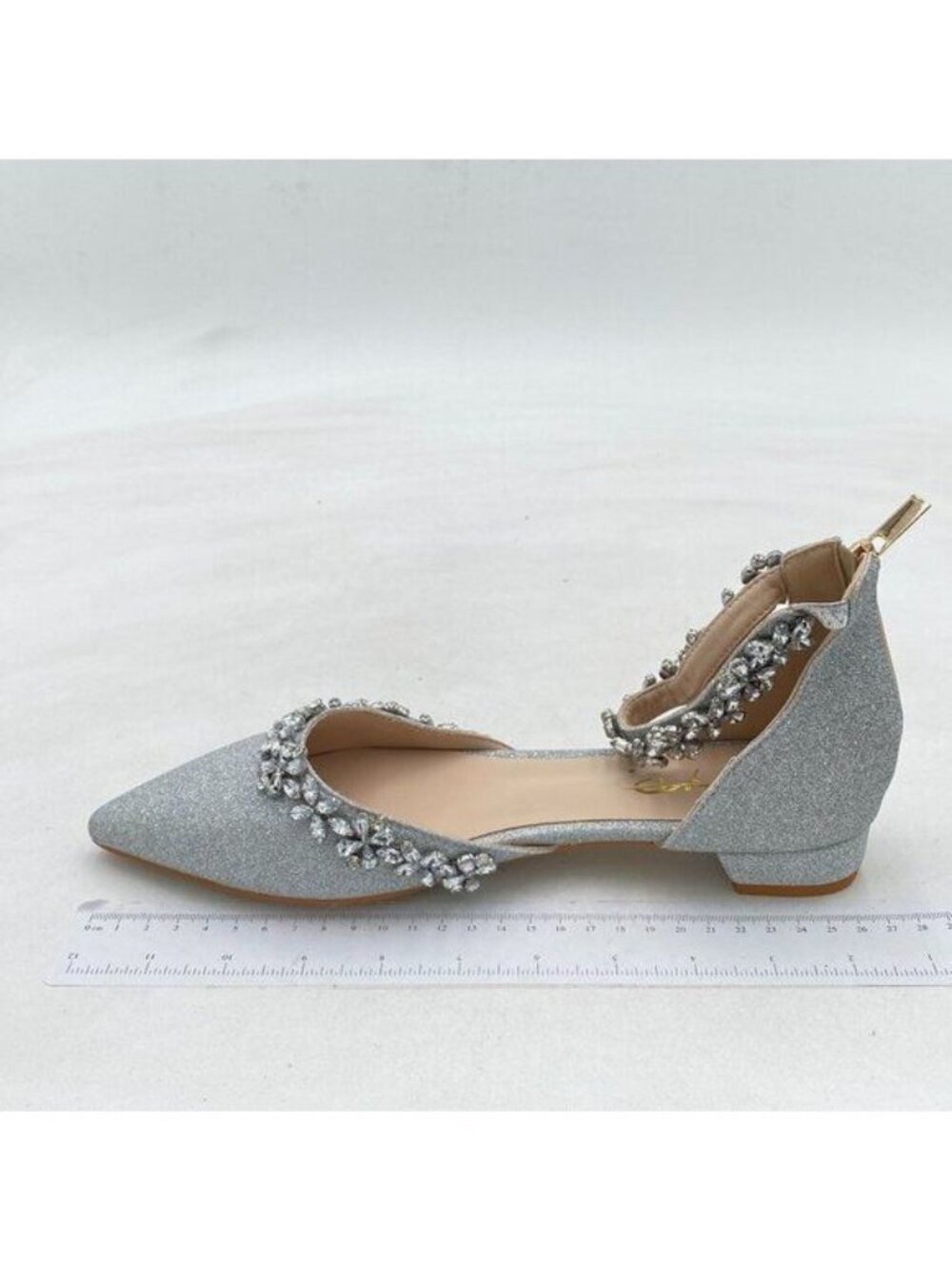 XYD Silver-glitter Pointed Toe D'Orsay Flat Rhinestones Ankle Strap Low Shoes